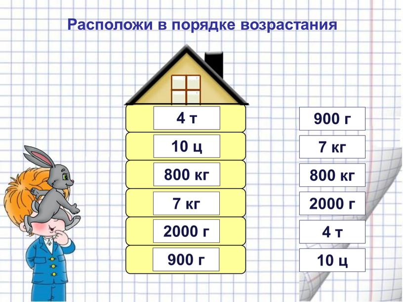 Расположи в порядке возрастания 4 т 10 ц 800 кг 7 кг 900 г 2000 г 2000 г 900 г 7 кг 800 кг 10…