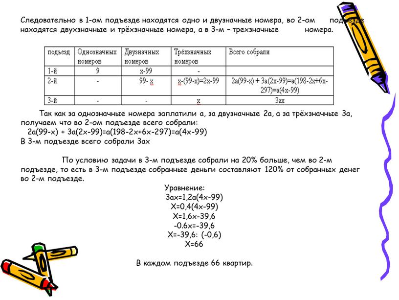 Следовательно в 1-ом подъезде находятся одно и двузначные номера, во 2-ом подъезде находятся двухзначные и трёхзначные номера, а в 3-м – трехзначные номера