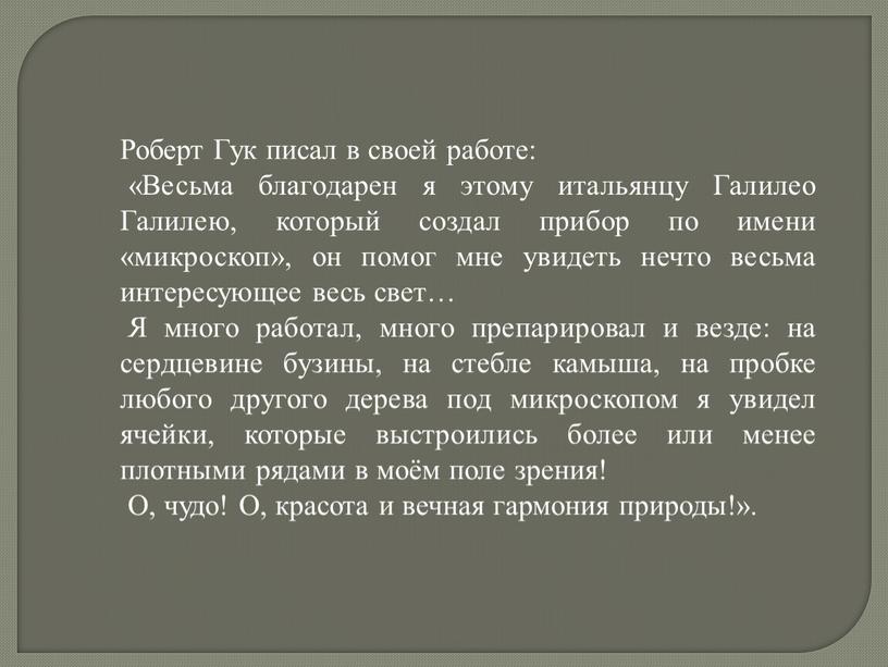 Роберт Гук писал в своей работе: «Весьма благодарен я этому итальянцу