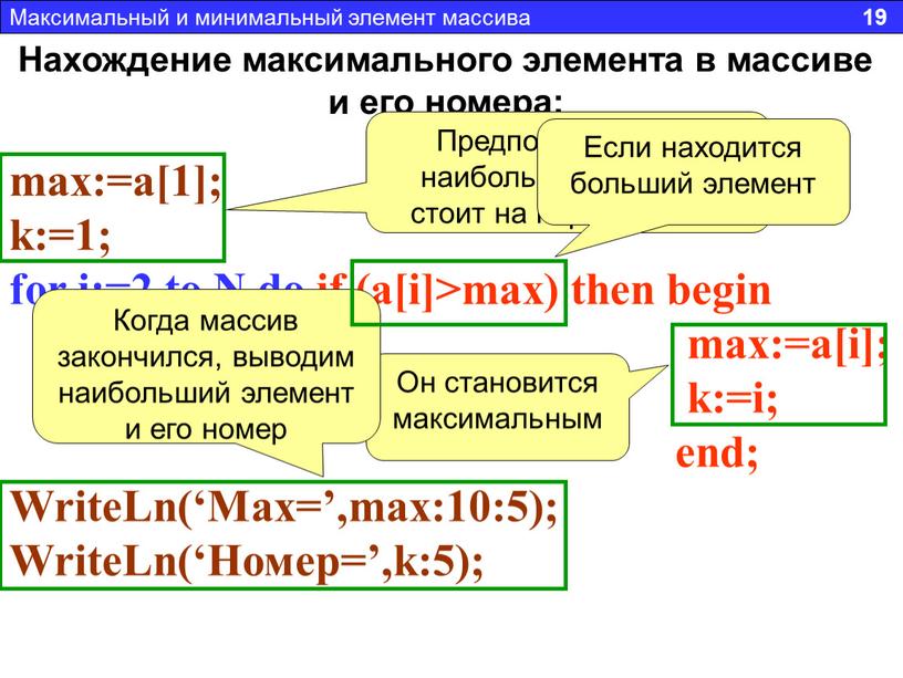 Нахождение максимального элемента в массиве и его номера: max:=a[1]; k:=1; for i:=2 to
