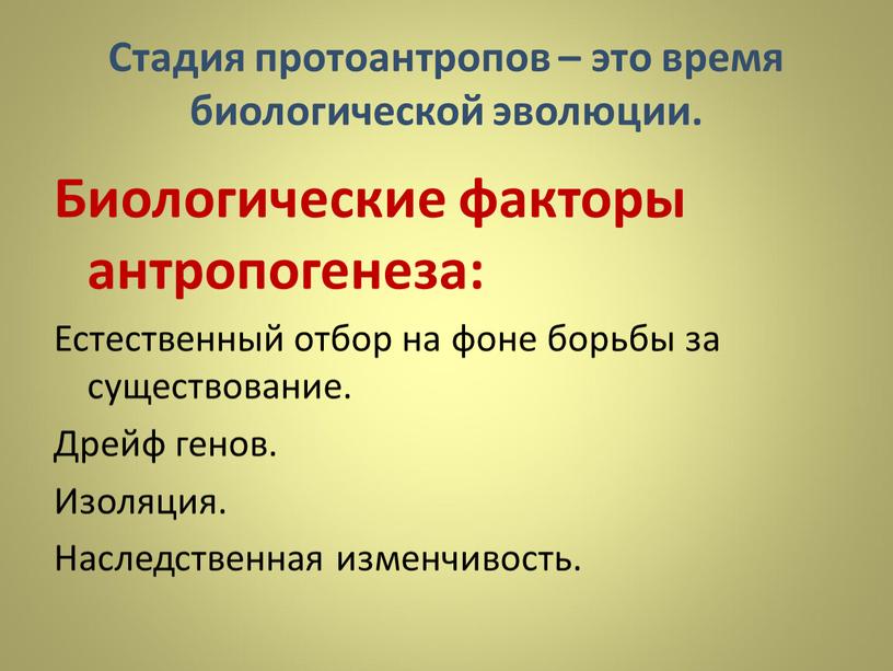 Стадия протоантропов – это время биологической эволюции