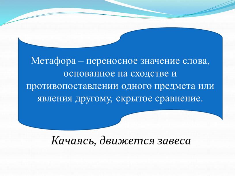 Метафора – переносное значение слова, основанное на сходстве и противопоставлении одного предмета или явления другому, скрытое сравнение