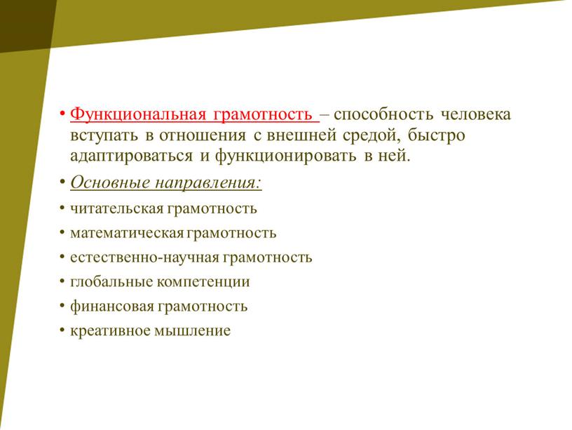 Функциональная грамотность – способность человека вступать в отношения с внешней средой, быстро адаптироваться и функционировать в ней