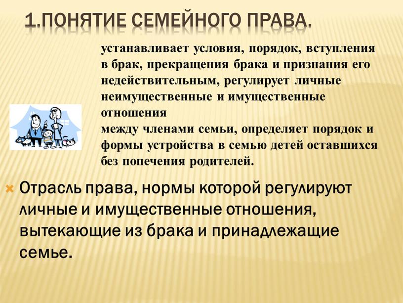 Понятие семейного права. Отрасль права, нормы которой регулируют личные и имущественные отношения, вытекающие из брака и принадлежащие семье