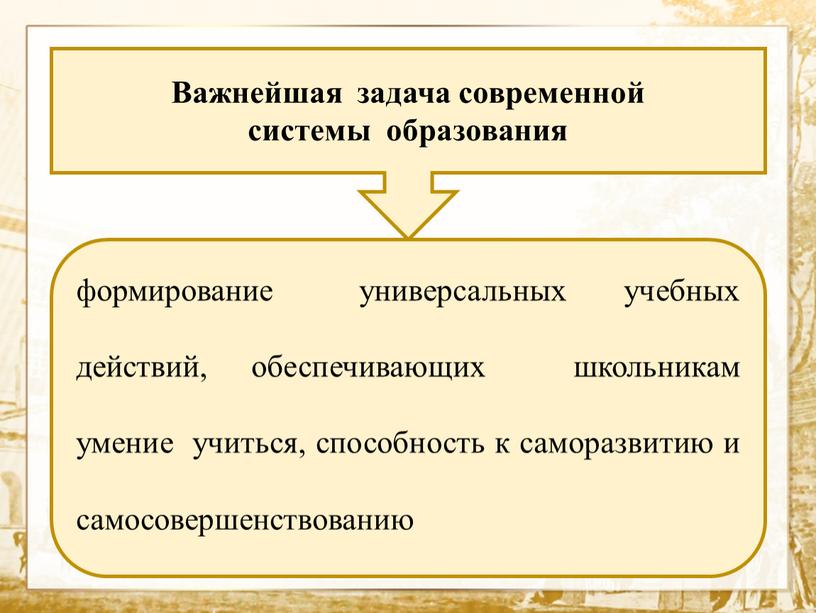 Важнейшая задача современной системы образования формирование универсальных учебных действий, обеспечивающих школьникам умение учиться, способность к саморазвитию и самосовершенствованию