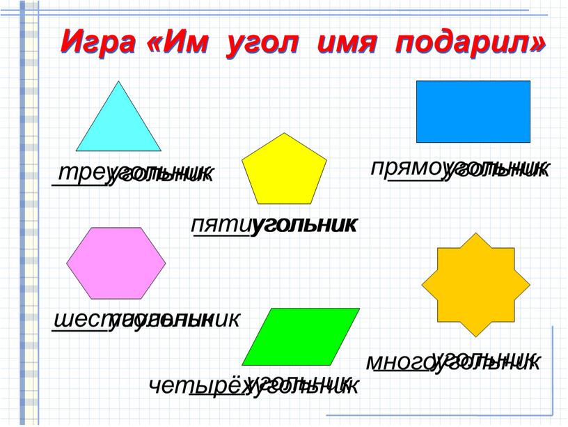 ____угольник ____угольник ____угольник ____угольник ____угольник ____угольник многоугольник четырёхугольник шестиугольник прямоугольник пятиугольник треугольник Игра «Им угол имя подарил»
