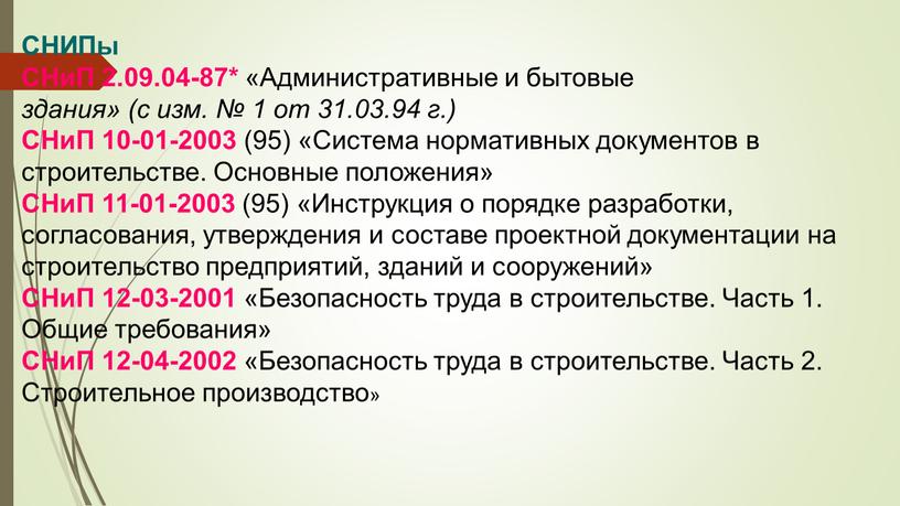 СНИПы СНиП 2.09.04-87* «Административные и бытовые здания» (с изм