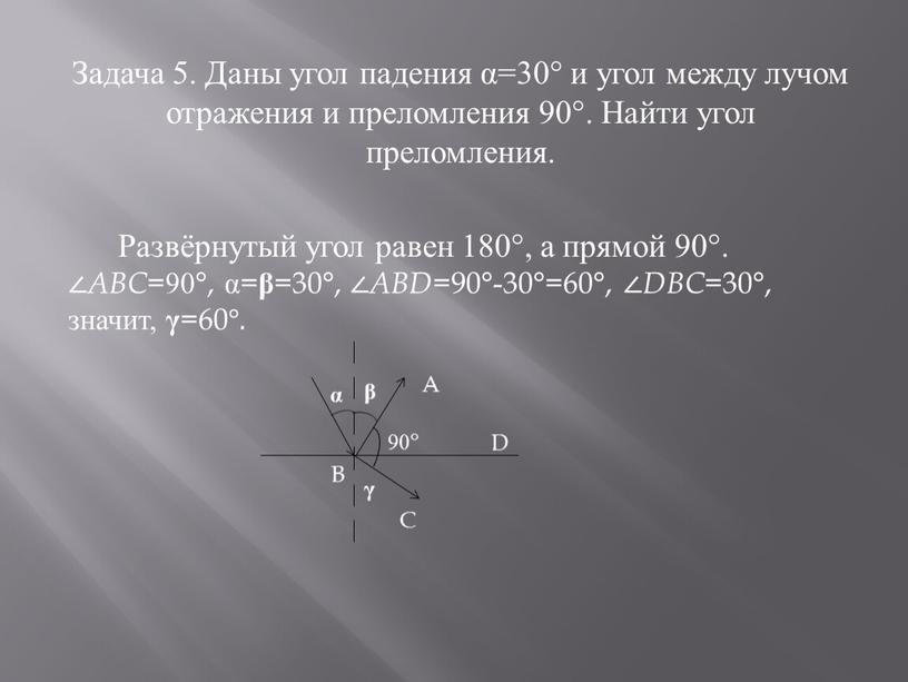 Задача 5. Даны угол падения α=30° и угол между лучом отражения и преломления 90°