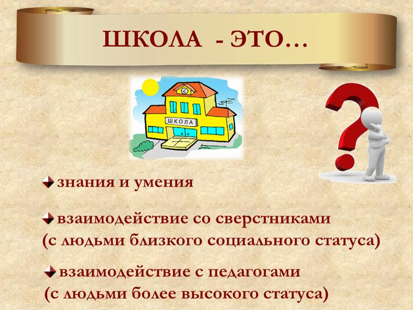 знания и умения взаимодействие со сверстниками (с людьми близкого социального статуса) взаимодействие с педагогами (с людьми более высокого статуса) ШКОЛА - ЭТО…