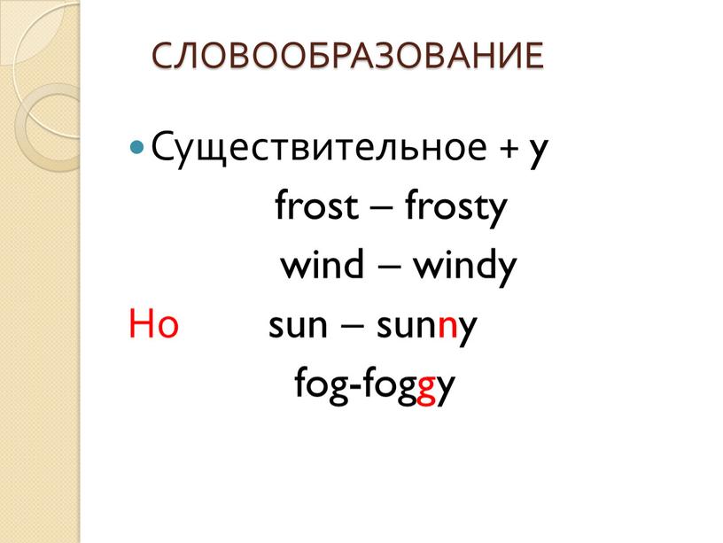 СЛОВООБРАЗОВАНИЕ Существительное + y frost – frosty wind – windy