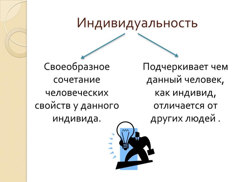 Индивидуальность Своеобразное сочетание человеческих свойств у данного индивида