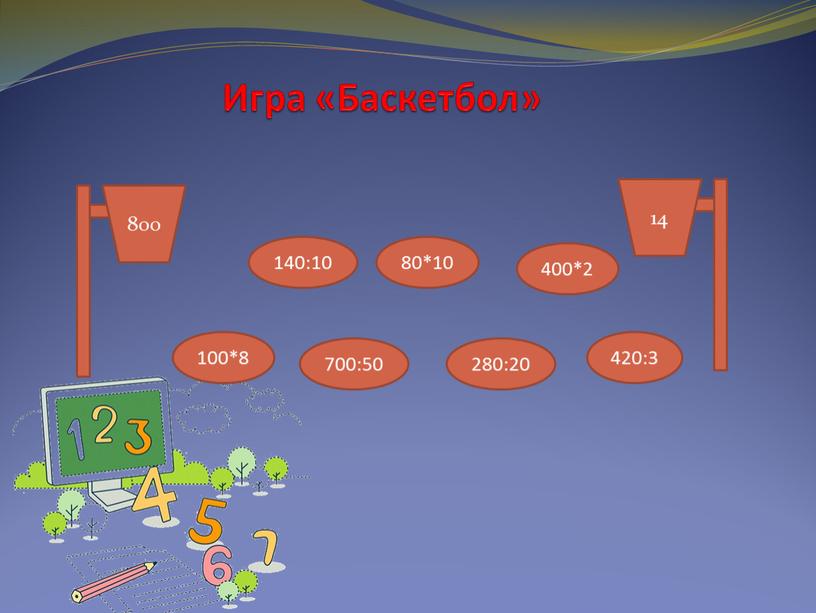 Игра «Баскетбол» 800 14 100*8 80*10 700:50 280:20 420:3 140:10 400*2