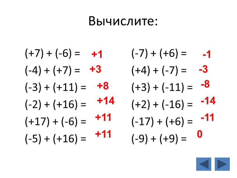 Вычислите: (+7) + (-6) = (-4) + (+7) = (-3) + (+11) = (-2) + (+16) = (+17) + (-6) = (-5) + (+16) =…