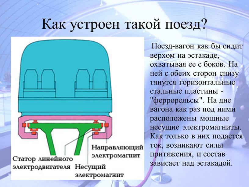 Как устроен такой поезд? Поезд-вагон как бы сидит верхом на эстакаде, охватывая ее с боков