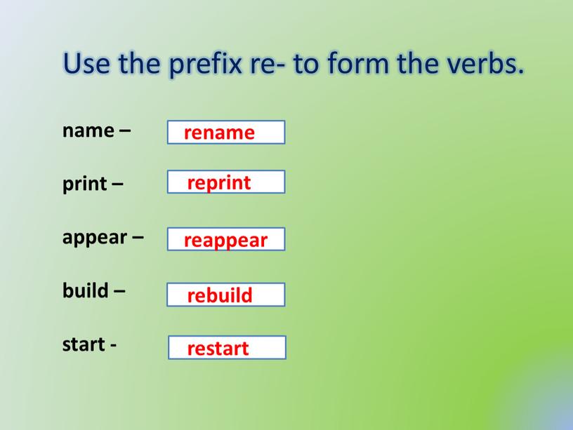 Use the prefix re- to form the verbs