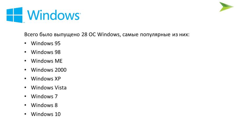 Всего было выпущено 28 ОС Windows, самые популярные из них: