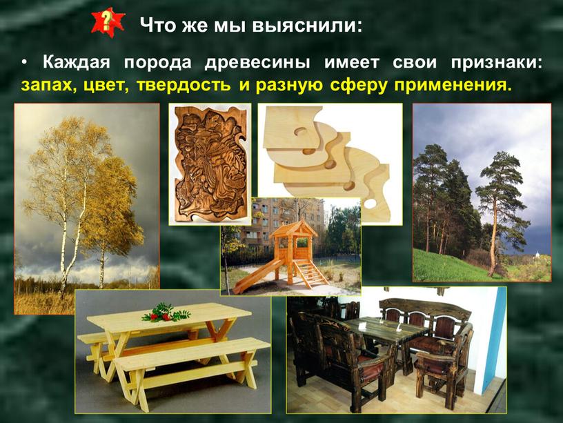 Что же мы выяснили: Каждая порода древесины имеет свои признаки: запах, цвет, твердость и разную сферу применения