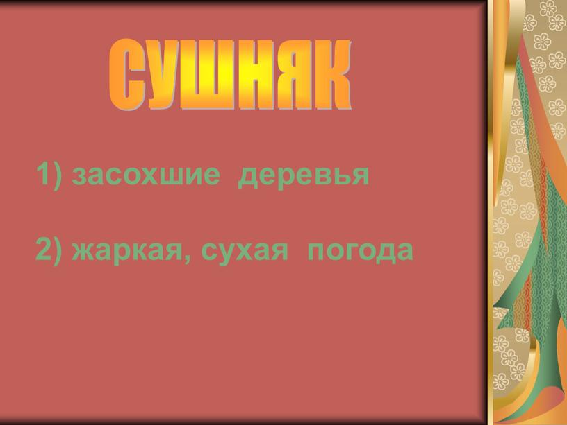 1) засохшие деревья 2) жаркая, сухая погода СУШНЯК