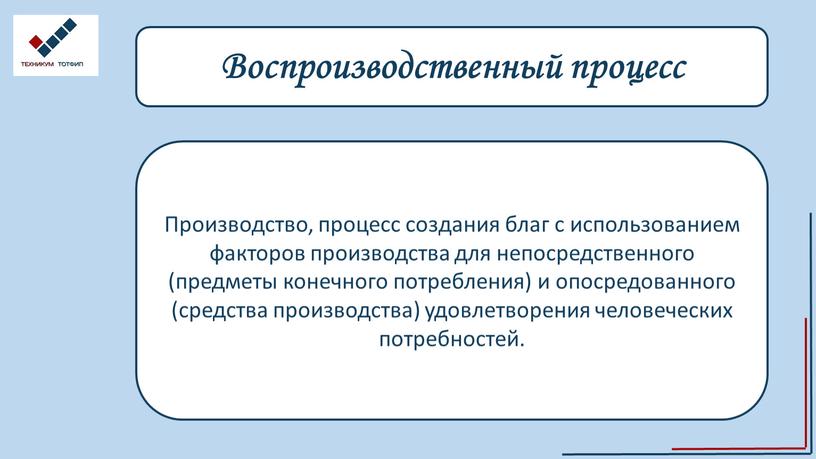 Воспроизводственный процесс Производство, процесс создания благ с использованием факторов производства для непосредственного (предметы конечного потребления) и опосредованного (средства производства) удовлетворения человеческих потребностей