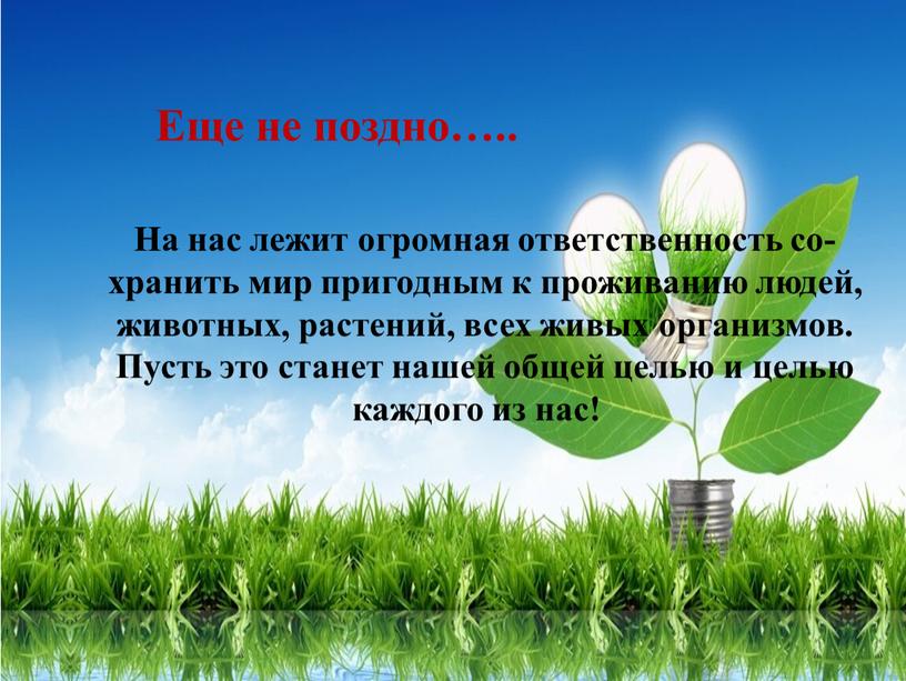 Еще не поздно….. На нас лежит огромная ответственность со- хранить мир пригодным к проживанию людей, животных, растений, всех живых организмов