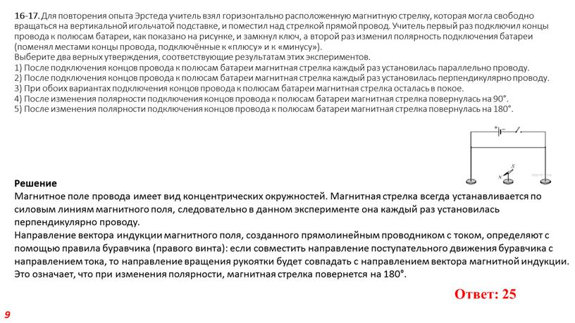 Для повторения опыта Эрстеда учитель взял горизонтально расположенную магнитную стрелку, которая могла свободно вращаться на вертикальной игольчатой подставке, и поместил над стрелкой прямой провод