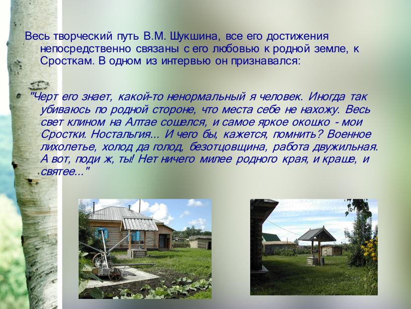 Весь творческий путь В.М. Шукшина, все его достижения непосредственно связаны с его любовью к родной земле, к