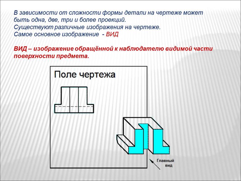 В зависимости от сложности формы детали на чертеже может быть одна, две, три и более проекций