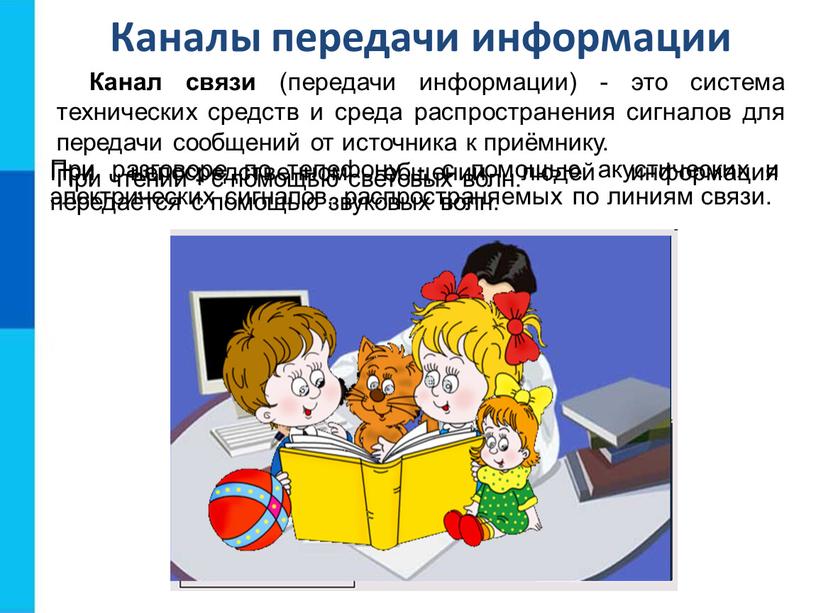 Каналы передачи информации Канал связи (передачи информации) - это система технических средств и среда распространения сигналов для передачи сообщений от источника к приёмнику
