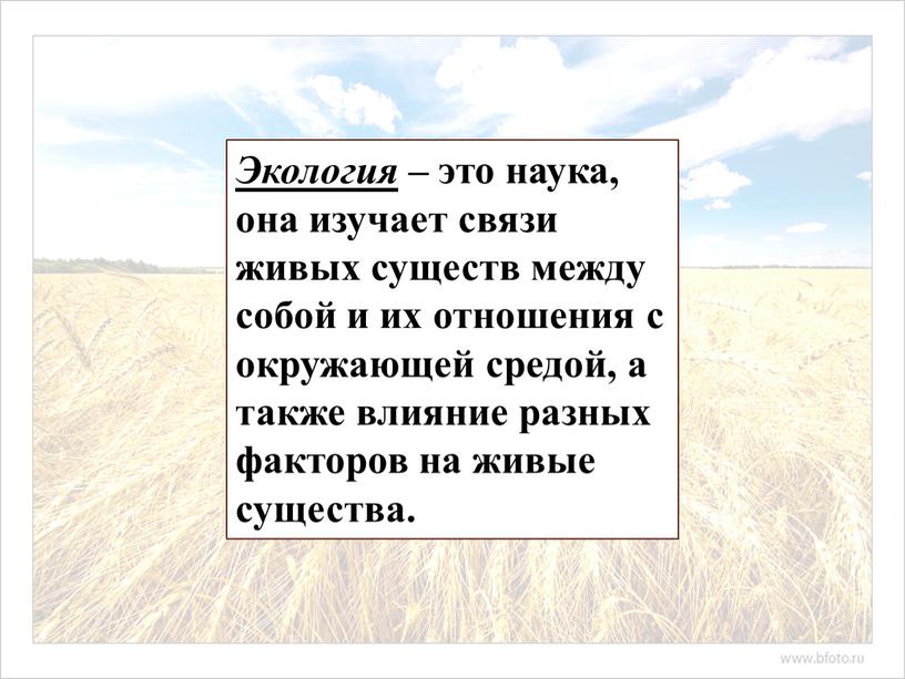 Экология – это наука, она изучает связи живых существ между собой и их отношения с окружающей средой, а также влияние разных факторов на живые существа