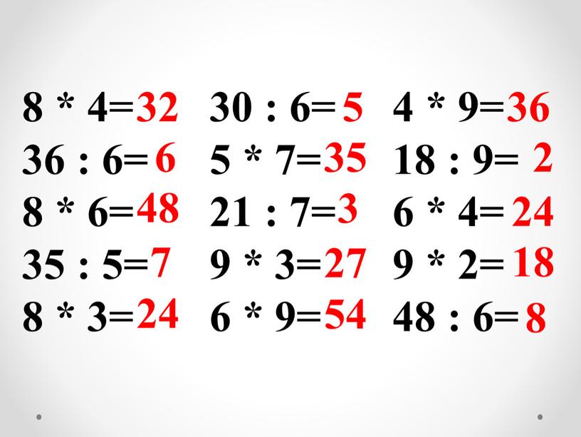 8 * 4= 36 : 6= 8 * 6= 35 : 5= 8 * 3= 30 : 6= 5 * 7= 21 : 7= 9…