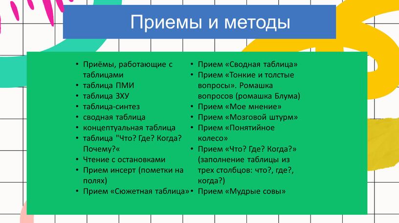 Приемы и методы Приёмы, работающие с таблицами таблица