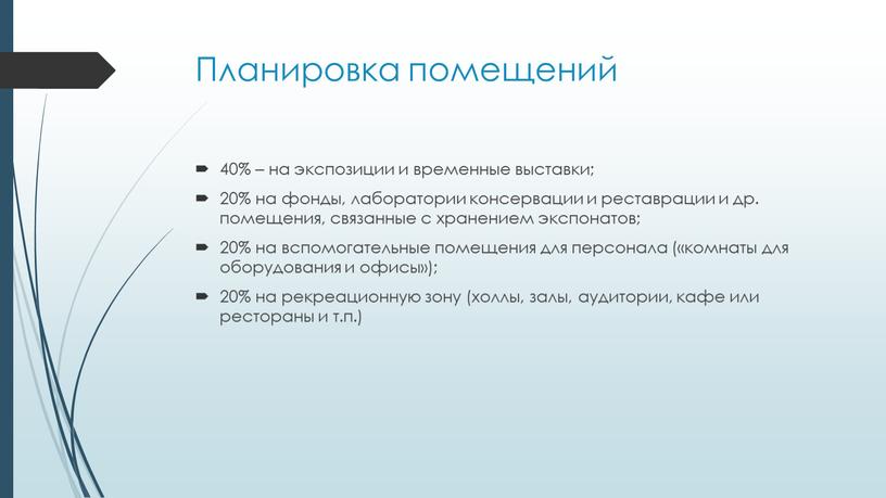 Планировка помещений 40% – на экспозиции и временные выставки; 20% на фонды, лаборатории консервации и реставрации и др