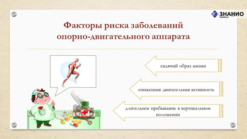 Факторы риска заболеваний опорно-двигательного аппарата сидячий образ жизни сниженная двигательная активность длительное пребывание в вертикальном положении