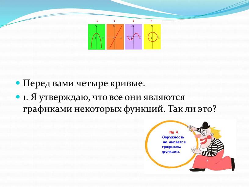 Перед вами четыре кривые. 1. Я утверждаю, что все они являются графиками некоторых функций