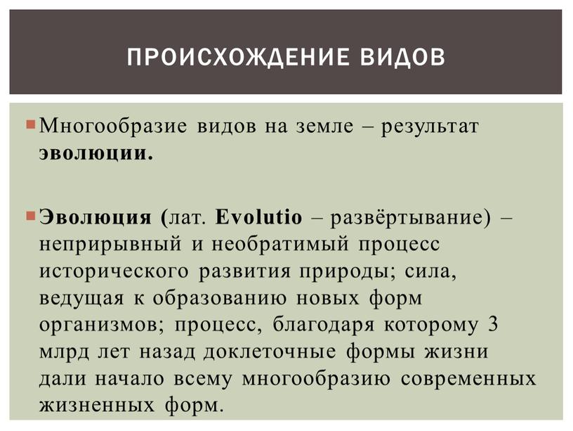 Многообразие видов на земле – результат эволюции