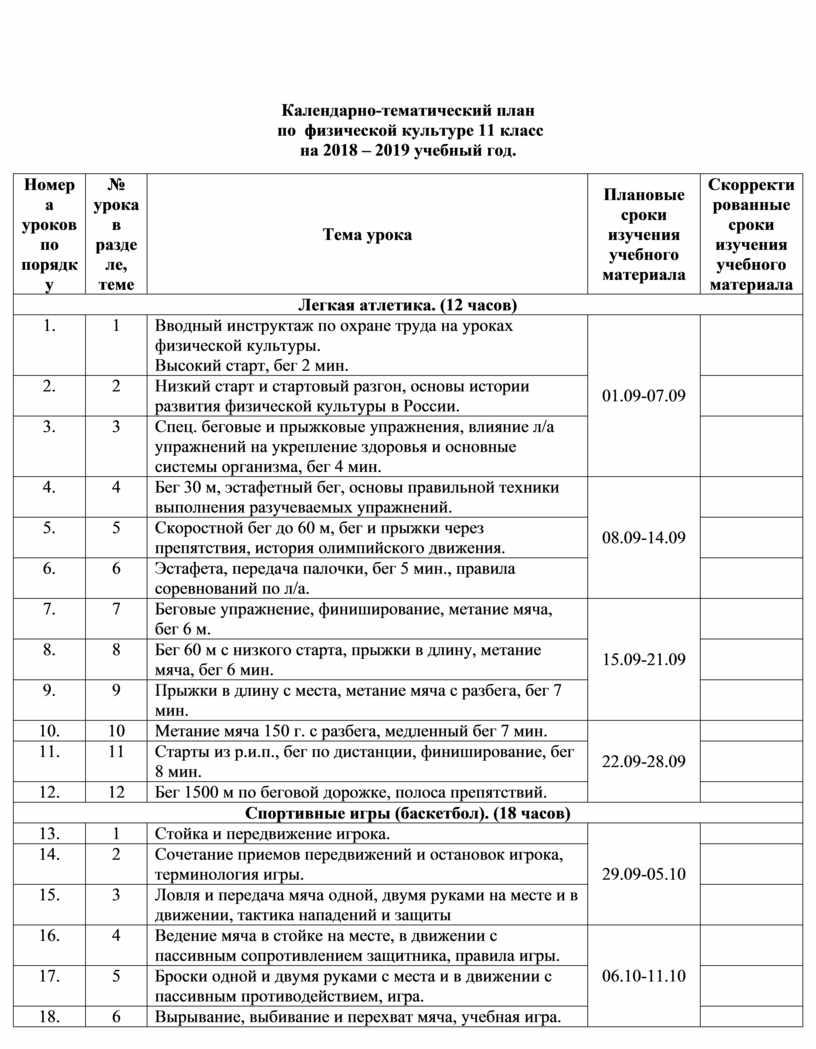 Календарно-тематический план по физической культуре 11 класс на 2018 – 2019 учебный год