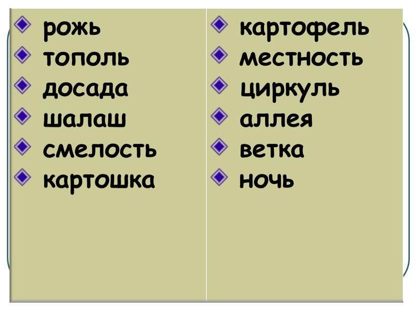 рожь тополь досада шалаш смелость картошка картофель местность циркуль аллея ветка ночь