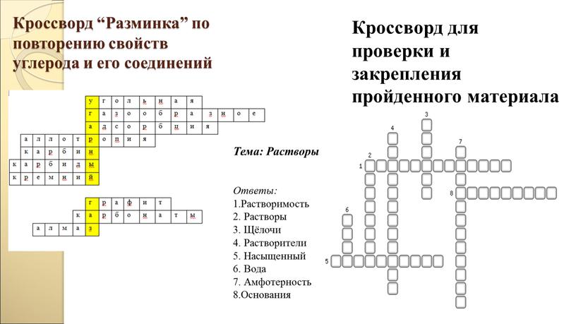 Кроссворд “Разминка” по повторению свойств углерода и его соединений