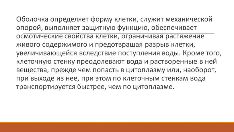 Оболочка определяет форму клетки, служит механической опорой, выполняет защитную функцию, обеспечивает осмотические свойства клетки, ограничивая растяжение живого содержимого и предотвращая разрыв клетки, увеличивающейся вследствие поступления…