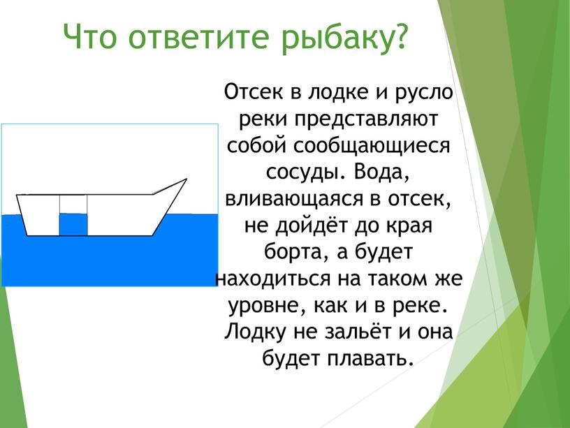 Что ответите рыбаку? Отсек в лодке и русло реки представляют собой сообщающиеся сосуды