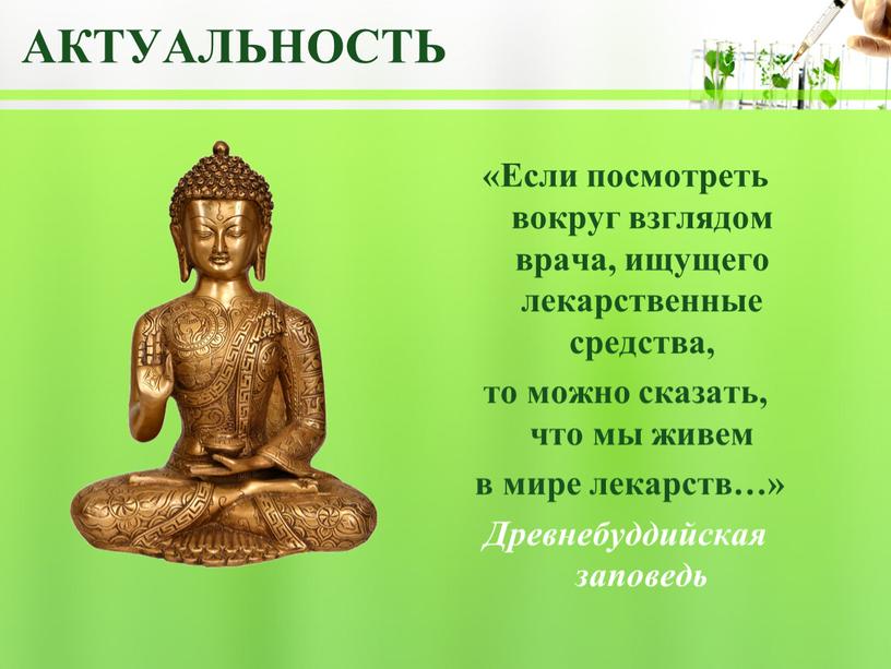 Актуальность «Если посмотреть вокруг взглядом врача, ищущего лекарственные средства, то можно сказать, что мы живем в мире лекарств…»