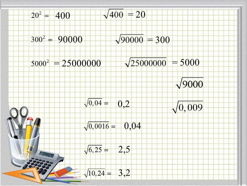 400 90000 = 25000000 = 20 = 300 = 5000 0,2 0,04 2,5 3,2