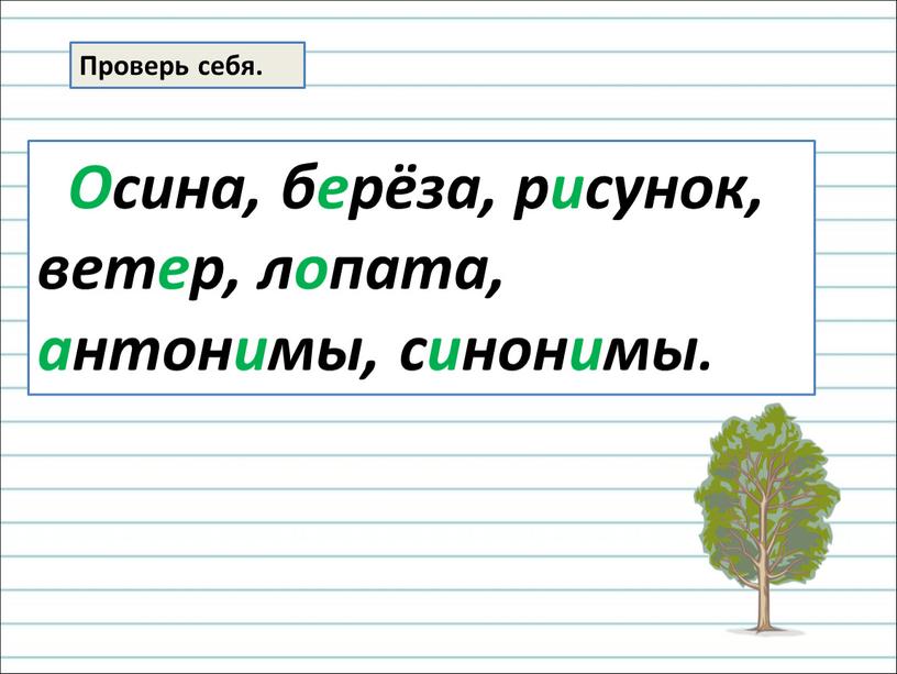 Проверь себя. Осина, берёза, рисунок, ветер, лопата, антонимы, синонимы