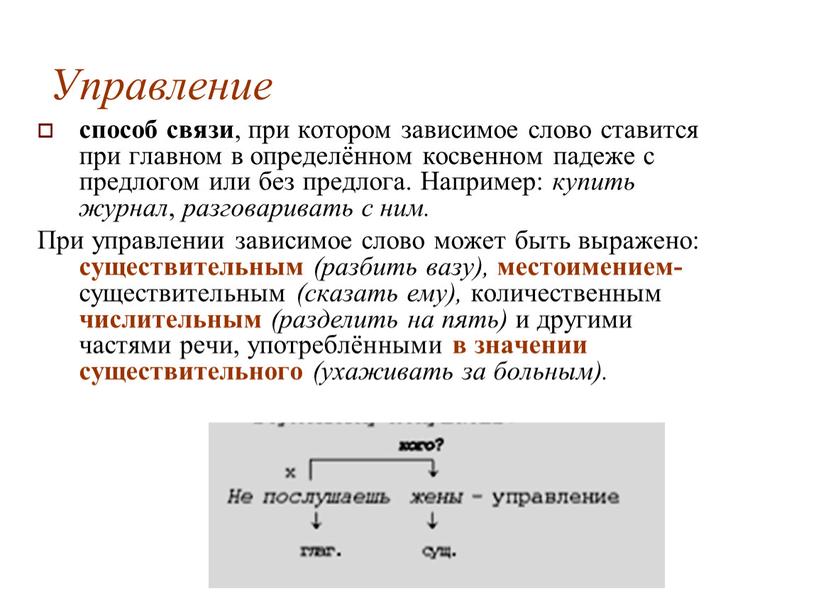 Управление способ связи , при котором зависимое слово ставится при главном в определённом косвенном падеже с предлогом или без предлога