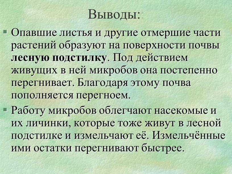 Выводы:: Опавшие листья и другие отмершие части растений образуют на поверхности почвы лесную подстилку