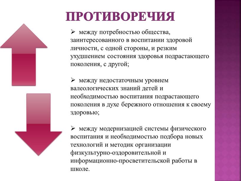 Противоречия между потребностью общества, заинтересованного в воспитании здоровой личности, с одной стороны, и резким ухудшением состояния здоровья подрастающего поколения, с другой; между недостаточным уровнем валеологических…