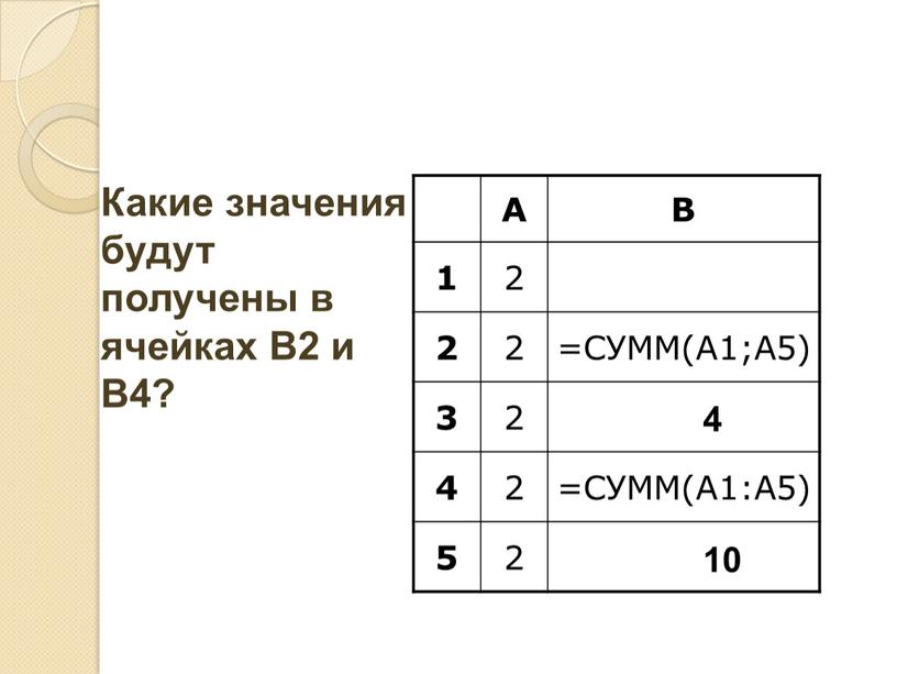 Какие значения будут получены в ячейках