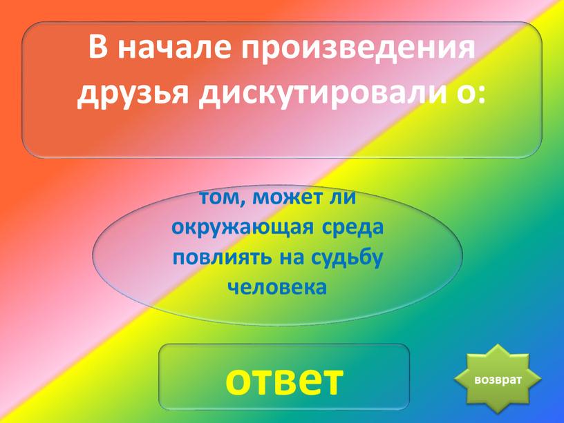 В начале произведения друзья дискутировали о: том, может ли окружающая среда повлиять на судьбу человека ответ возврат