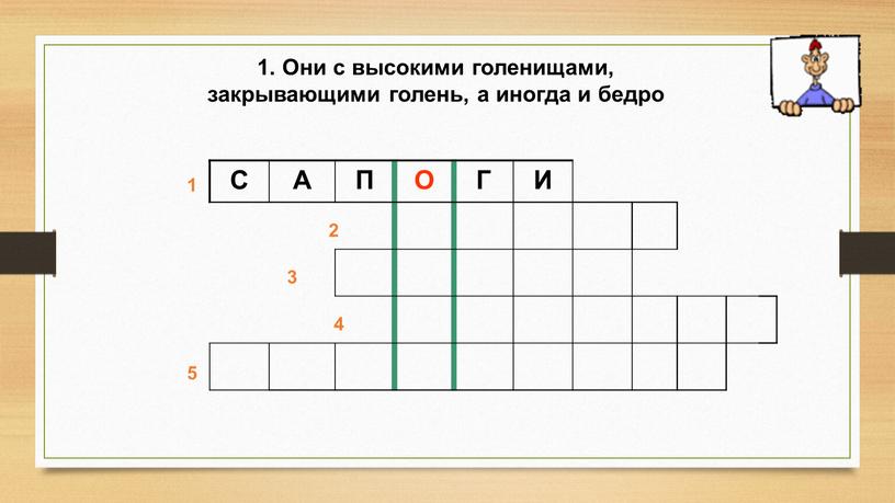 С А П О Г И 1 2 5 4 3 1. Они с высокими голенищами, закрывающими голень, а иногда и бедро