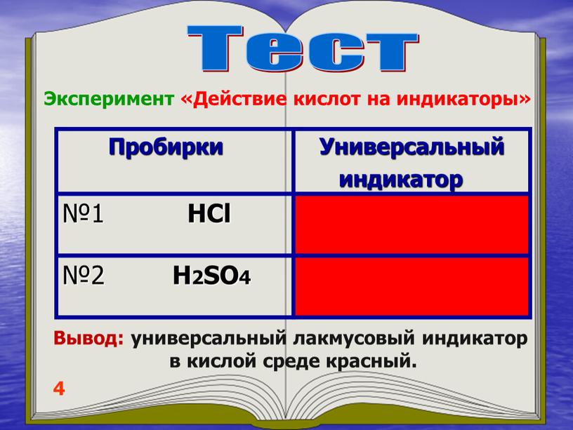 Тест 4 Эксперимент «Действие кислот на индикаторы» №2